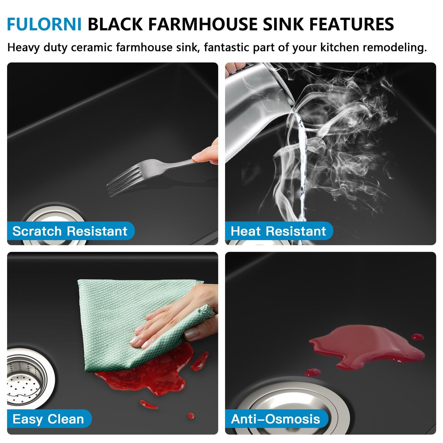Fulorni 33"x20" Black Farmhouse Sink Workstation – Reversible Apron Front with Ledge, Matte Black Porcelain Ceramic Fireclay Single Bowl Farm Kitchen Sink Basin
