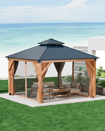 10x10 ft Wood Gazebo, Upgrade Spruce Frame and Double Galvanized Steel Roof, Hardtop Gazebo
