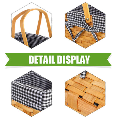 Patelai Wicker Picnic Basket Natural Hand Woven Basket with Double Folding Handles, Willow Hamper Baskets with Blanket for Outdoor Picnic Summer Spring Camp Family(Black and White Grid)