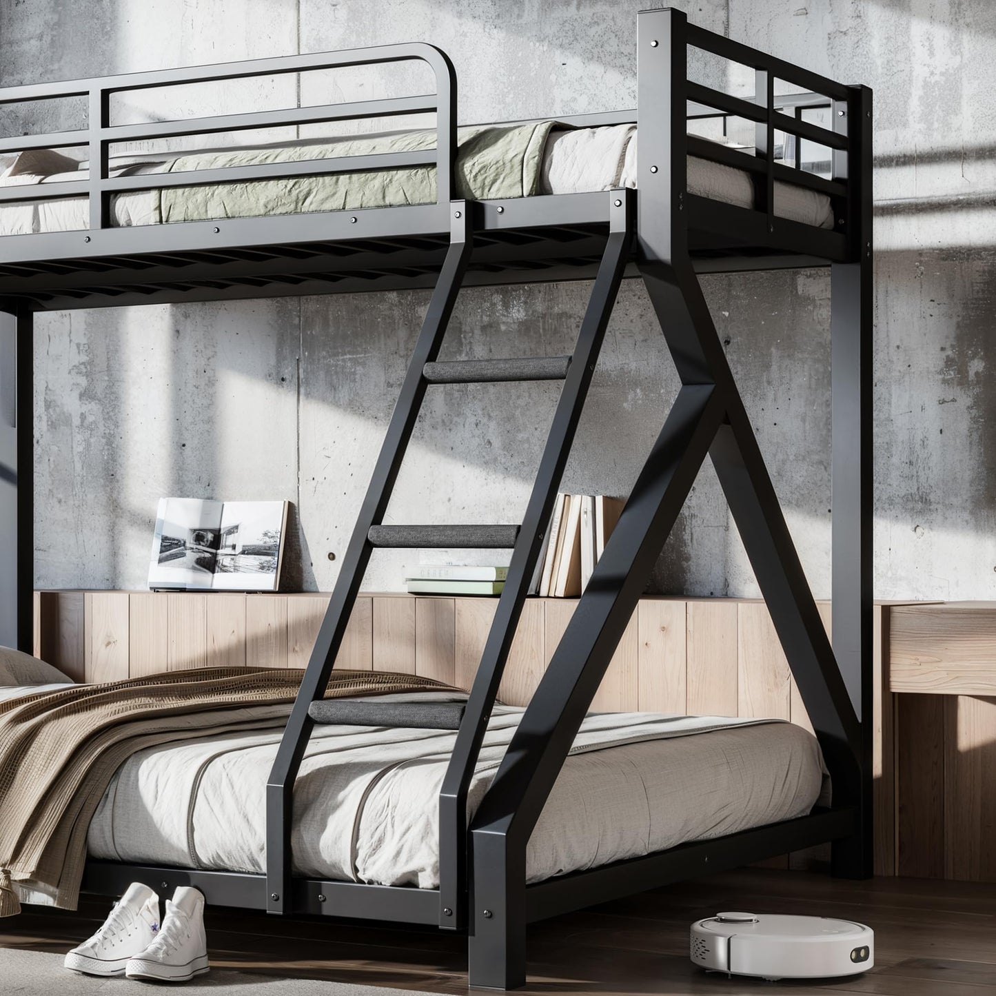 KEIKI Twin XL Over Queen Size Metal Bunk Bed Frame with Ladder & Guardrails, for Teens, Low Profile Design Modern Bunk Bed with Solid Slats, No Box Spring Required, Easy Assembly, for Bedroom, Black
