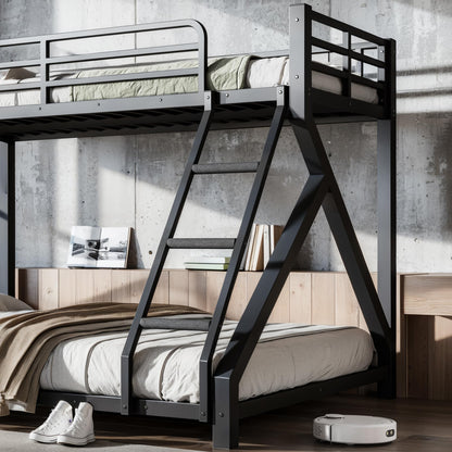 KEIKI Twin XL Over Queen Size Metal Bunk Bed Frame with Ladder & Guardrails, for Teens, Low Profile Design Modern Bunk Bed with Solid Slats, No Box Spring Required, Easy Assembly, for Bedroom, Black