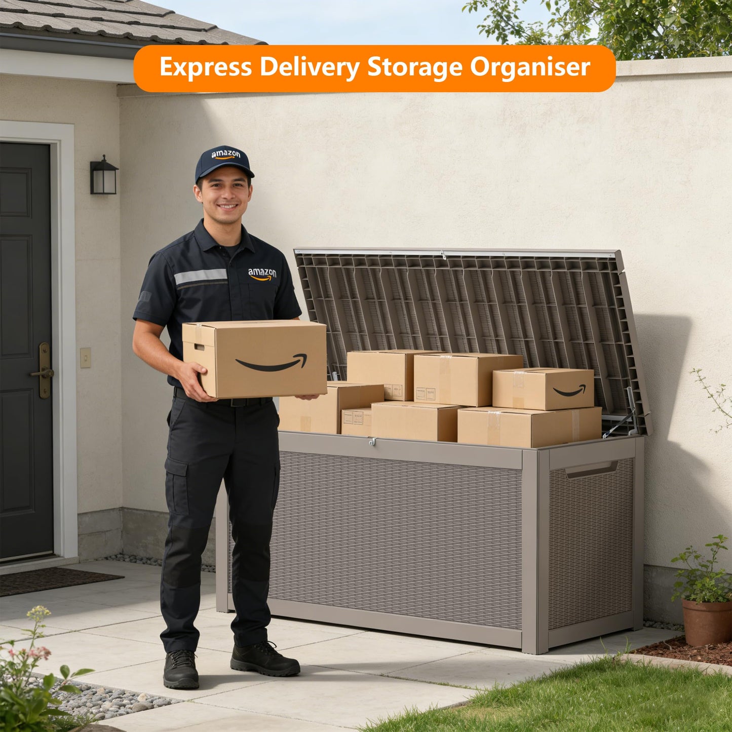 Decksplore 320 Gallon Outdoor Storage Box Resin Deck Box All Weather Waterproof Large Lockable Storage Container Deck Box for Patio Furniture, Garden Tools, Lockable, Grey