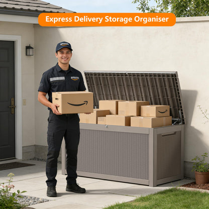 Decksplore 320 Gallon Outdoor Storage Box Resin Deck Box All Weather Waterproof Large Lockable Storage Container Deck Box for Patio Furniture, Garden Tools, Lockable, Grey