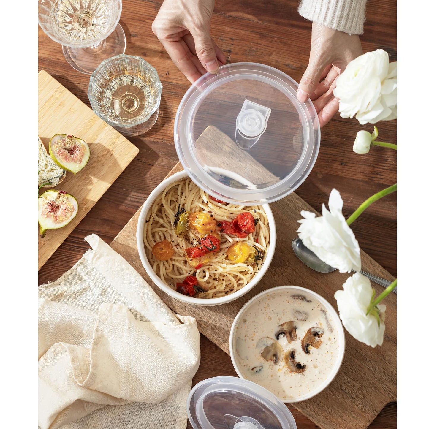 MIKIGEY Serving Bowls with Lids, Ceramic Embossed Nesting Mixing Bowls, Set of 4, Serving Bowls Set for Food Storage, Popcorn, Salad etc, Microwave & Dishwasher Safe, 10/18/33/50 OZ, Off-White