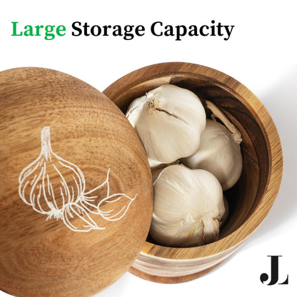 Jean Lemond Introducing The Always Fresh Acacia Garlic Keeper For Counter. A Crafted Large Garlic Storage Jar. A Rustic Garlic Holder Container Pot Saver With Lid. (Large (Fits 5 Heads))