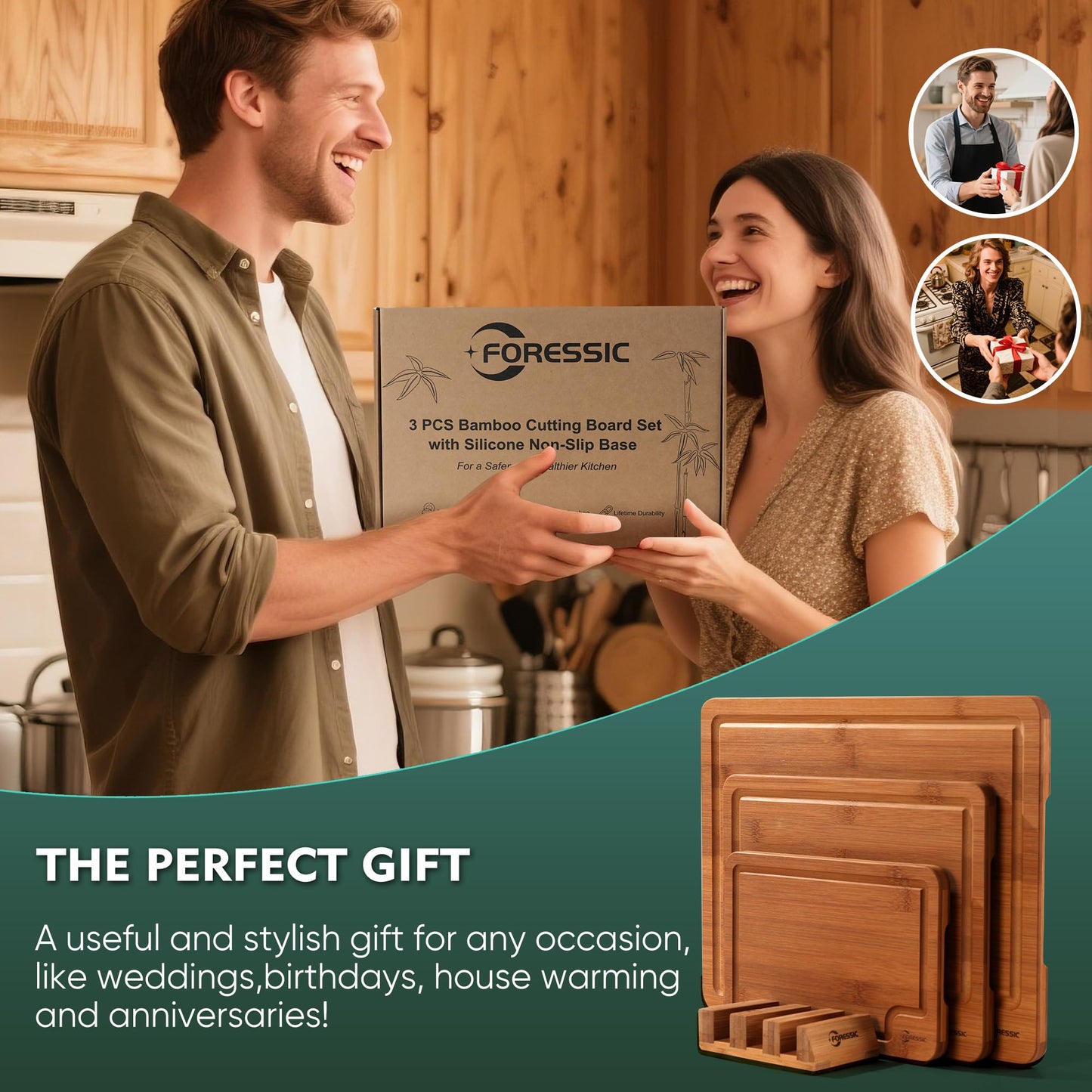 Bamboo Cutting Board, Non Slip Wood Cutting Boards for Kitchen 3 Packs Holder and Over Sink Nice Solid Thick Durable Cutting Boards for Kitchen Large Small Vegetables Fruits Kitchen Gifts (Carbonized)