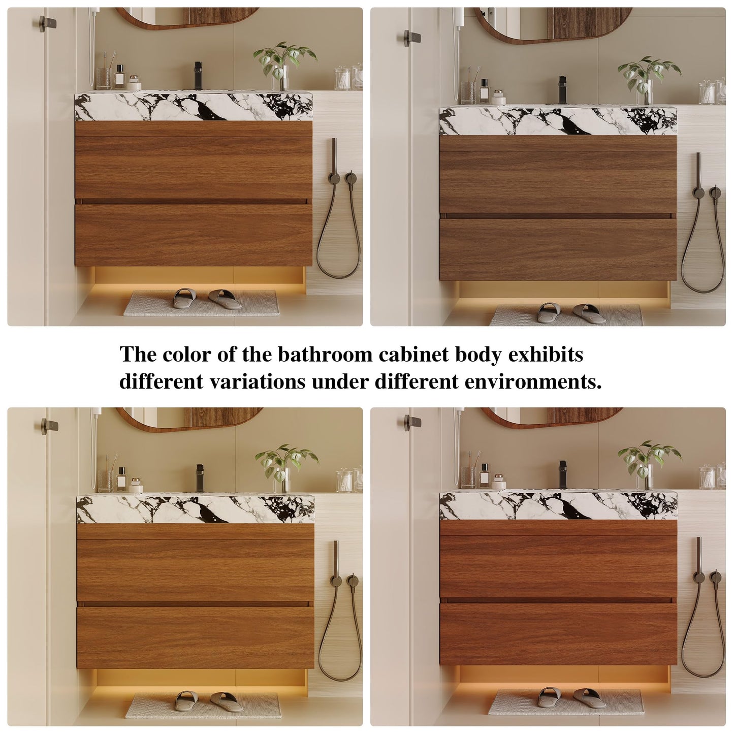 KEIKI 29.9" Bathroom Vanity with Undermount Sink Combo, Modern Floating Vanity Cabinet with 2 Drawers & Open Side Shelves, Storage Wall Mounted Cabinet for Small Space, Walnut Marbe