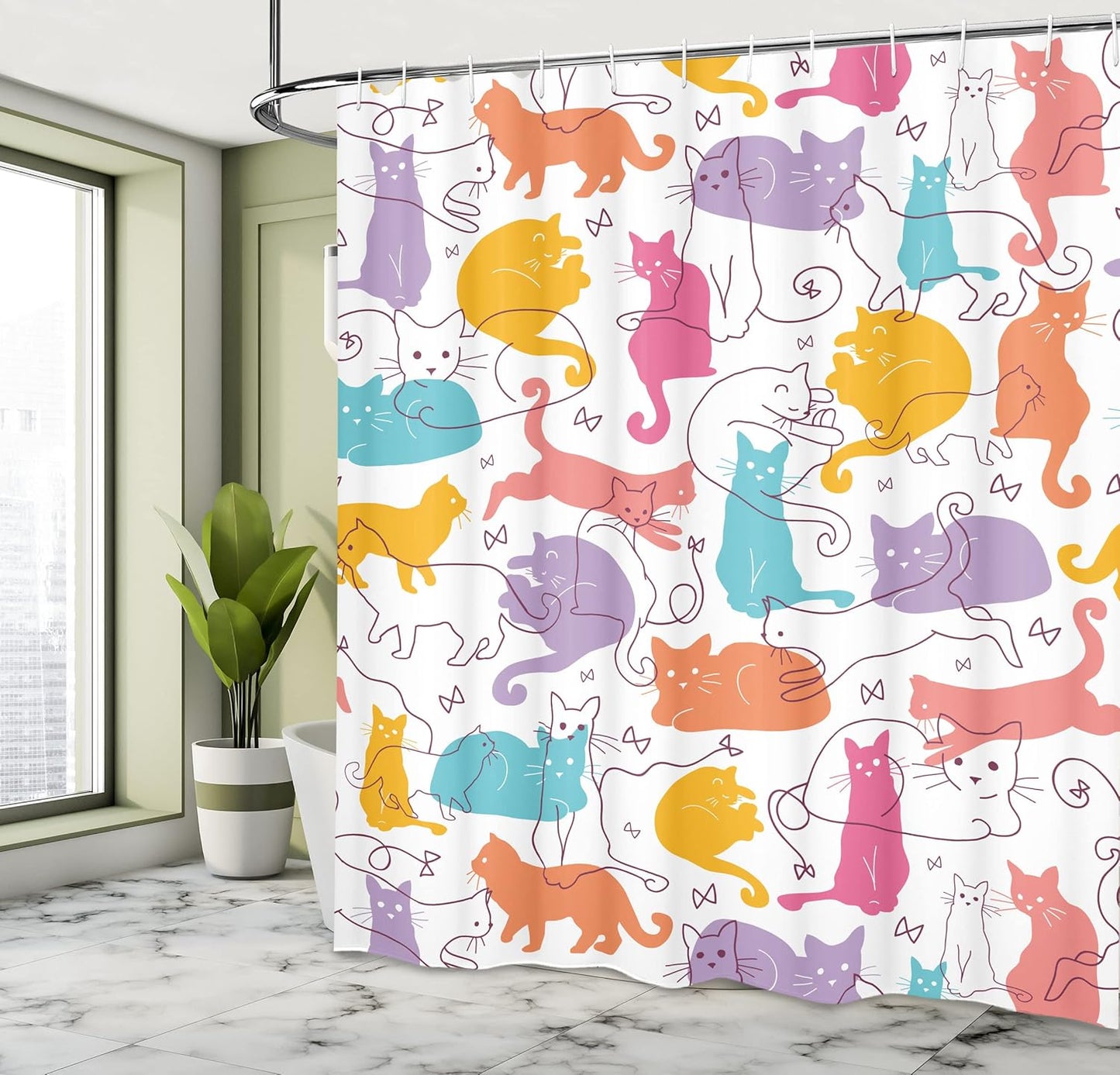 Ambesonne Cat Shower Curtain, Colorful Cats Modern Line Art, Cloth Fabric Bathroom Decor, 69" W x 70" L