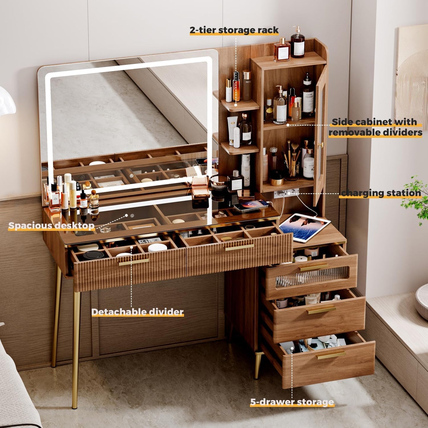 Arulvmrn Vanity Desk with 29.53" HD Lighted Mirror, 47.24" Big Modern Vanity Desk with Mirror and Lights, Makeup Vanity with 5 Drawers and Storage Shelves and Charging Station,Brown