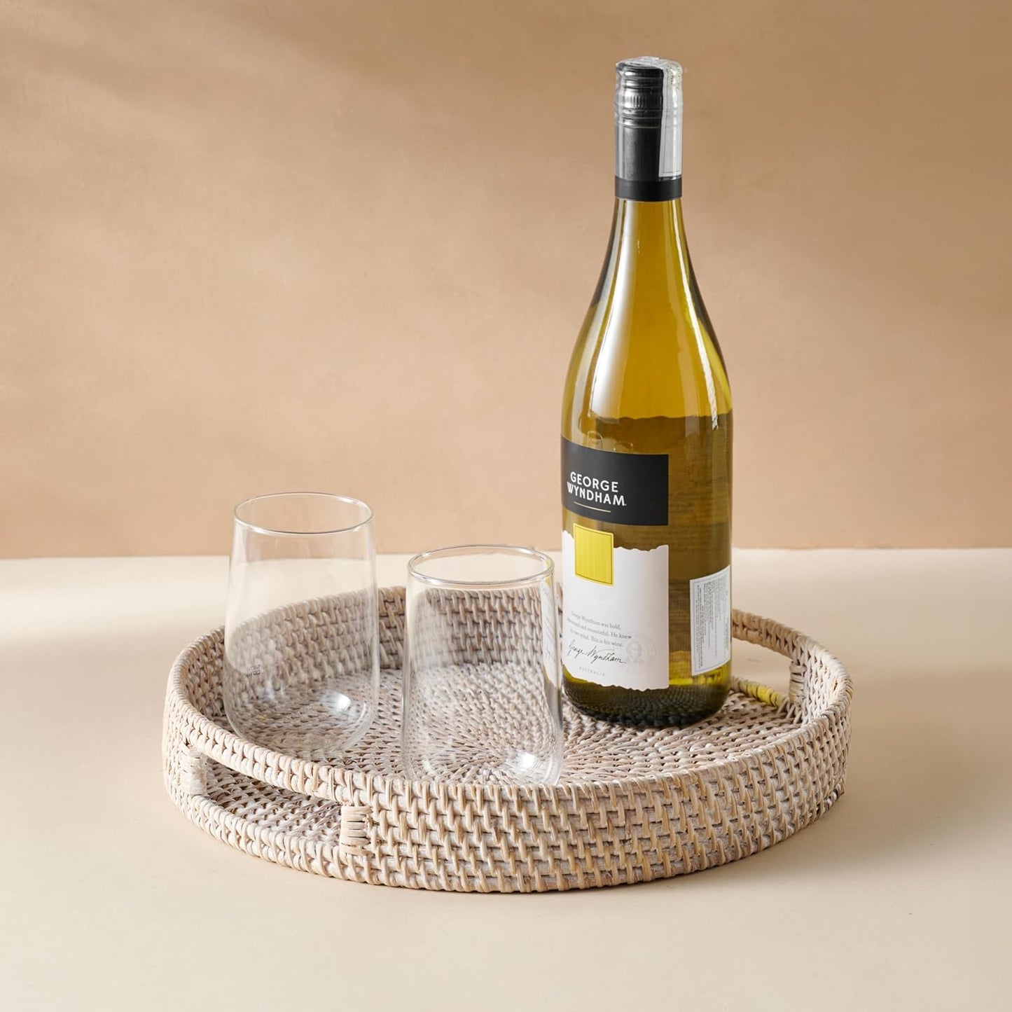 12 Counter JUNGLE CULTURE Handmade Round Wicker Tray Whitewashed Decorative Rattan Serving Basket for Coffee Table