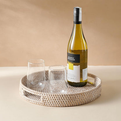 12 Counter JUNGLE CULTURE Handmade Round Wicker Tray Whitewashed Decorative Rattan Serving Basket for Coffee Table