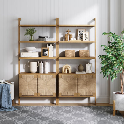 Nathan James Beacon 3-Shelf Solid Wood Bookshelf with Storage Cabinet, Bohemian Wall Mounted Shelf with Seagrass Door Fronts, Set of 2