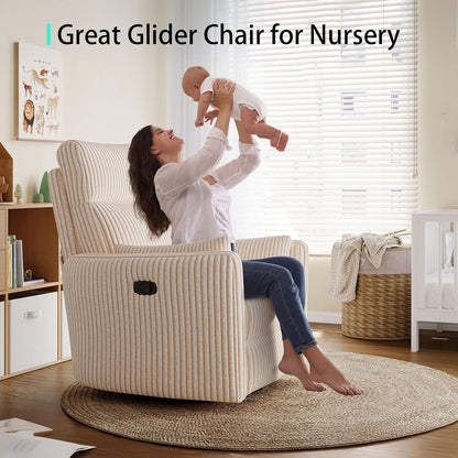 LINSY 360 Swivel Recliner Chair, Nursery Glider Rocking Chair with 2 Pillows, Corduroy Nursing Chair Comfy High Back Adult Rocker Recliner for Small Spaces, Nursery Bedroom Living Room (Beige)