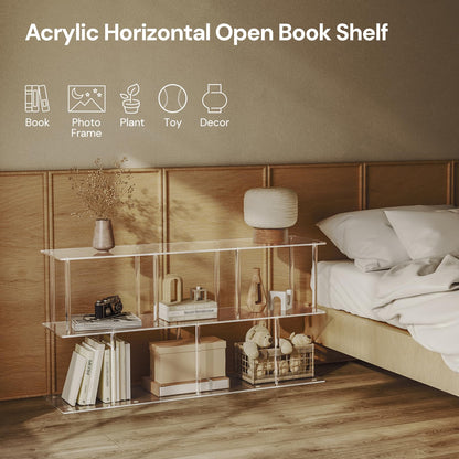 CRTERICX 3-Tier Acrylic Horizontal Bookshelf, Clear Long Bookcase, Modern Low Book Shelf with 5 Cube Storage for Living Room, Office, Bedroom, 11.8''D x 47.2''W x 24.6''H