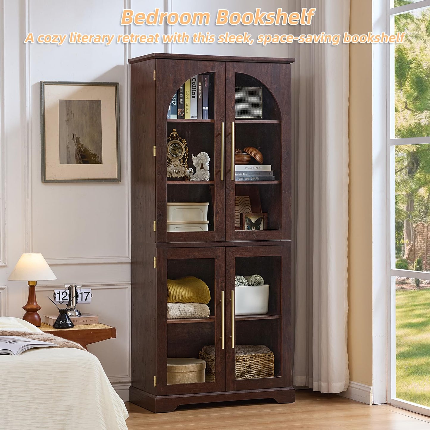 Joaxswe 72" Tall Bookshelf Set of 2, Farmhouse Bookcase with 3-Tier Adjustable Shelves, Modern Living Room Display Cabinet with Glass Doors, Large Storage Cabinet for Home Office,Dining Room, Walnut