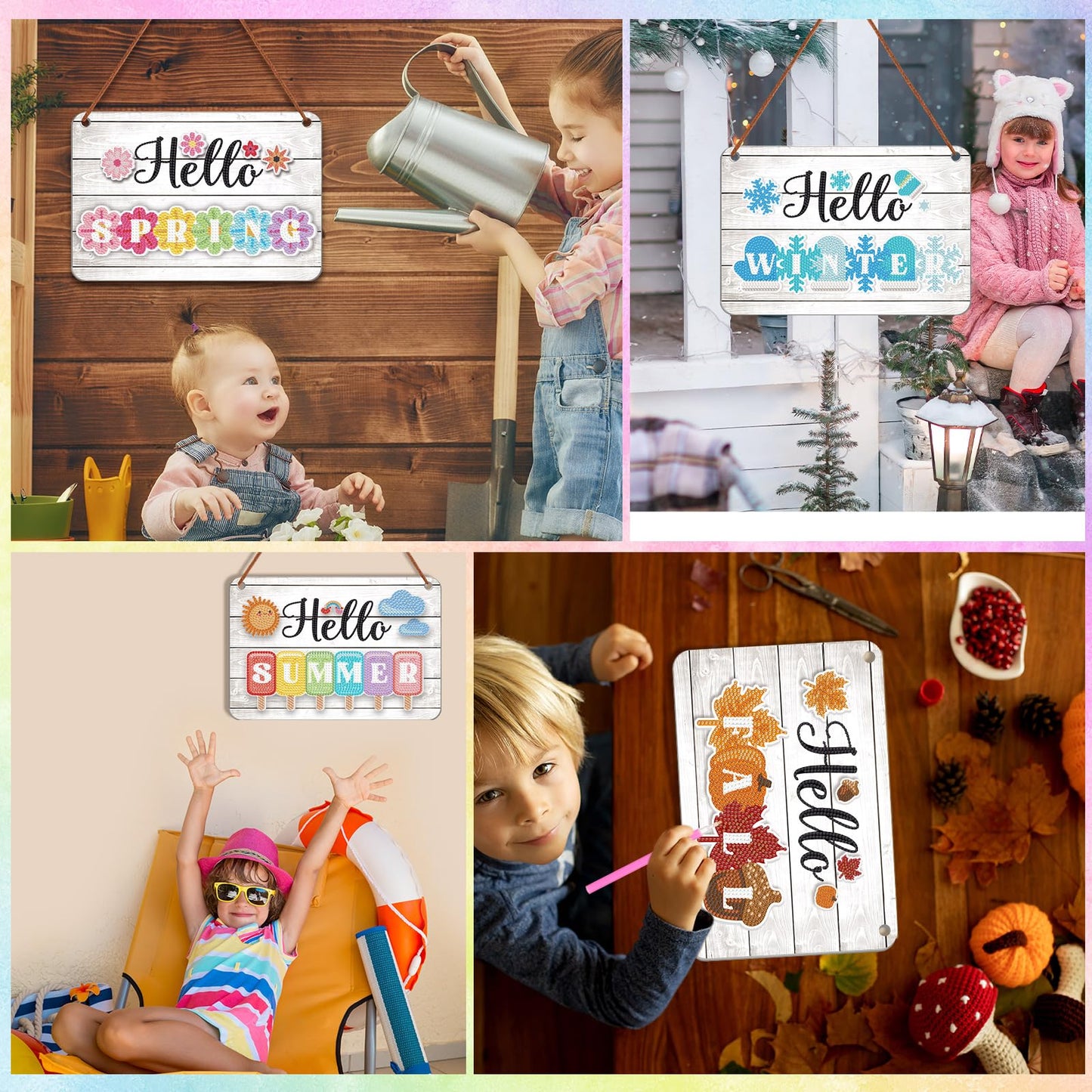 MiniInflat Hello Spring Interchangeable Sign Seasonal Diamond Art Painting Kits with 20 Interchangeable Magnetic Decor Farmhouse Spring Wall Hanging Diamond Painting Sign for Home Decoration(White)
