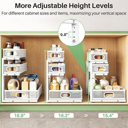 Kitstorack Under Sink Organizer - 2-Pack Adjustable 3-Tier Metal Storage Shelf | Ideal for Bathroom & Kitchen
