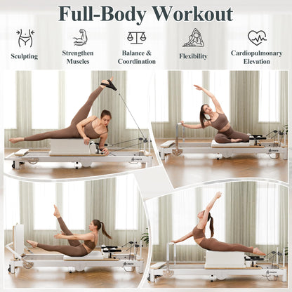 PAETA Pilates Reformer, 92” Aluminum Reformer Pilates Machine, Foldable Pilates Machine Equipment, with Music Wire Springs and Jump Boards, Cream White