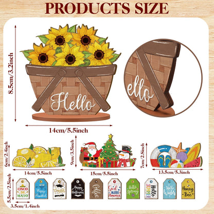 Anglechic 42 Pcs Small Interchangeable Flower Basket Memorial Day Decor Holiday Seasonal Sign Wood Rustic Farmhouse DIY Hanging Drop July 4th Home Office Desk Accessories Tiered Tray Decoration Gift