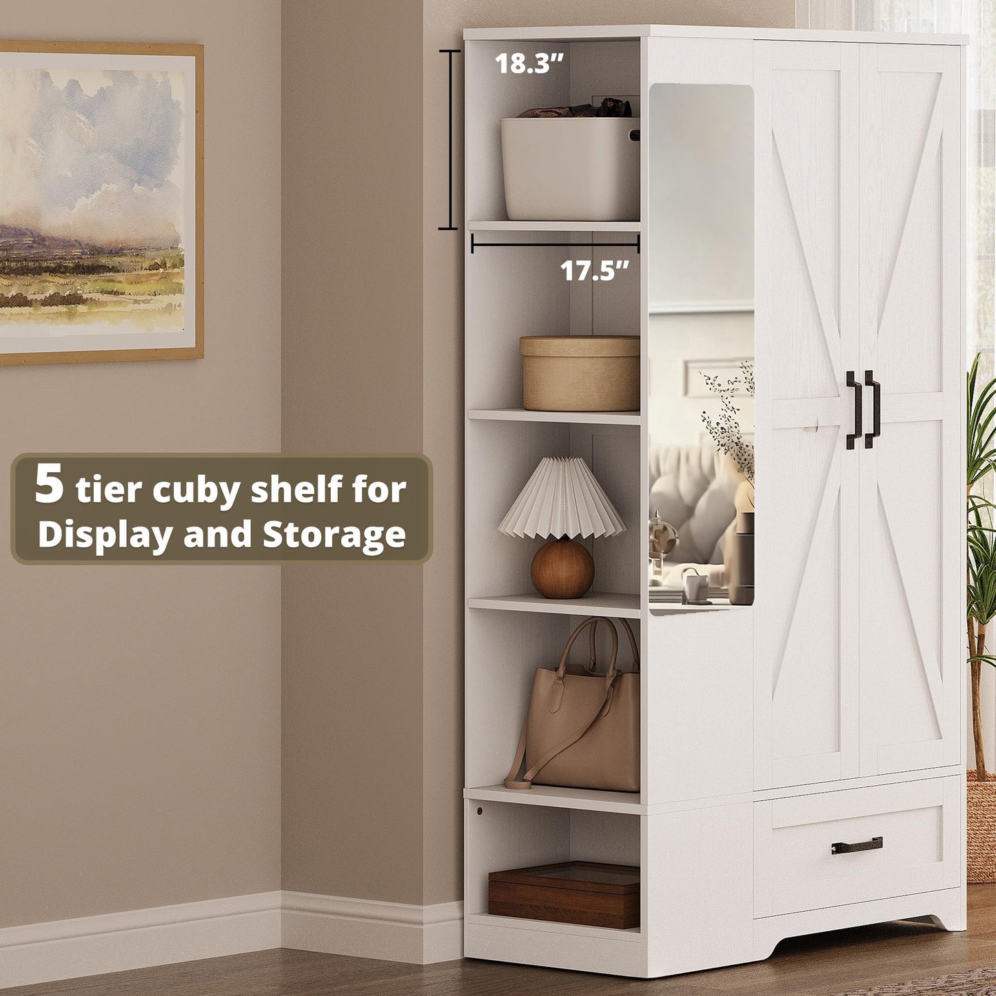 LIKIMIO 70" Tall Wardrobe Closet with Mirror, Side Shelves & Drawer, Freestanding Bedroom Armoire with Hanging Rod, X Barn Door Storage Cabinet for Bedroom, White