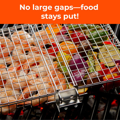 Stainless Steel Large Grill Basket with Removable Handle – 12.25 x 9.5 x 1.5 Inch BBQ Vegetable Basket with Easy Open Lid, Silicone Basting Brush & Scrub Sponge – Outdoor Cooking & Camping Accessory