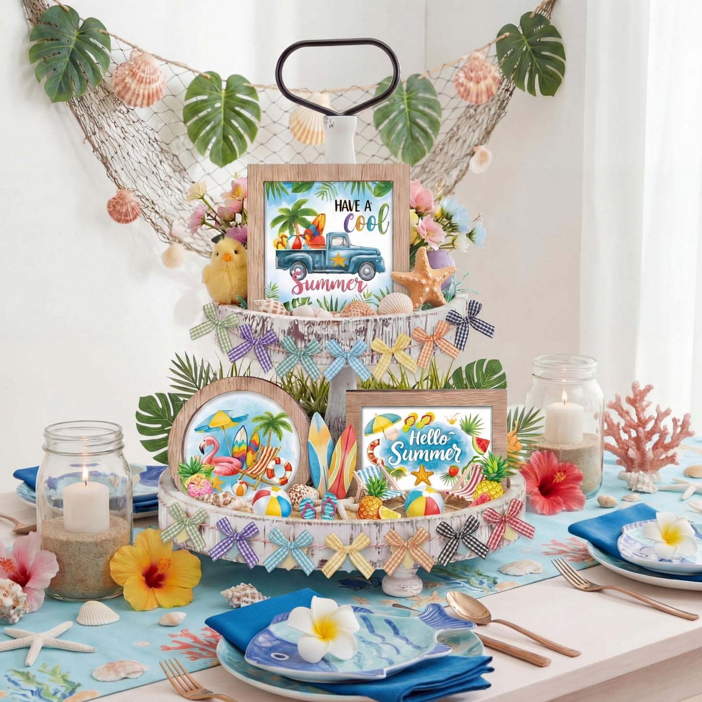 GlikCeil 95 Pcs Interchangeable All Season Tiered Tray Decor Set Summer Hawaii 4th of July Decorations Wooden Frames Ladders with Season Cards Bows for Independence Day Holiday Kitchen Home