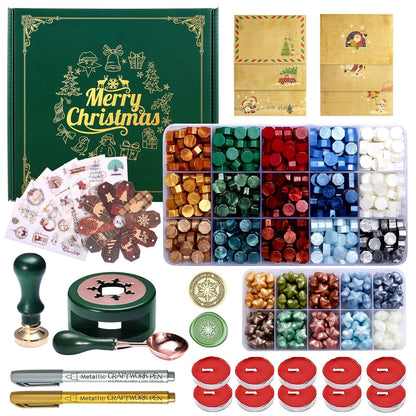Comealltime Christmas Wax Seal Kit with Snow Sealing Stamp, 25 Colors Sealing Beads Beginner's Set with Warmer, Xmas Washi Stickers, Envelope, Candle, Wax Seal Stamp Kit for Gift and Craft