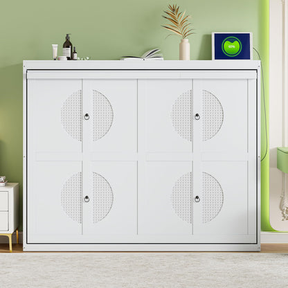 Ball & Cast Murphy Bed Queen Size Wall Chest with Charging Station and Slat Support,Wood Hideaway Cabinet Platform Bedframe w/Leg,can be Folded,Space-Saving,for Small Room,Dorms,White