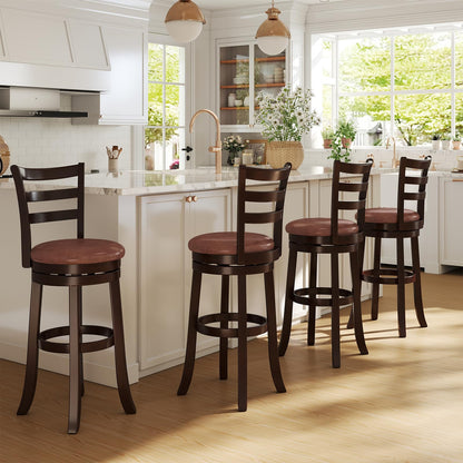 Giantex Swivel Bar Stools Set of 4, 30" Upholstered Counter Height Bar Chairs w/High Backrest, Faux Leather Seat, Solid Rubber Frame & Wrap-Around Footrest, Wooden Barstools for Kitchen Island, Pub