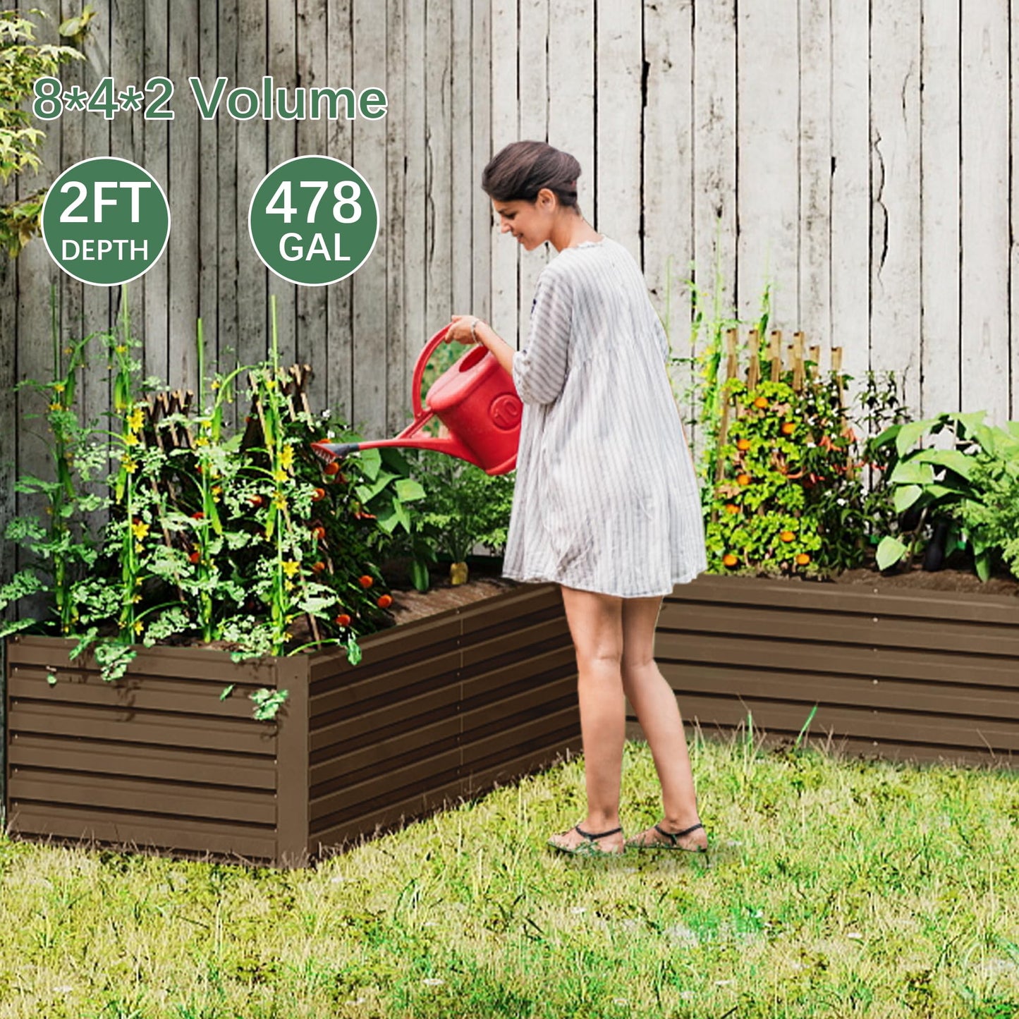 FOOWIN 4pcs 8x4x2ft Galvanized Raised Garden Bed, Planter Raised Garden Boxes Outdoor, Large Metal Raised Beds for Gardening, Garden Bed for Vegetables, Flowers, Herb,478 Gallon Capacity, Brown
