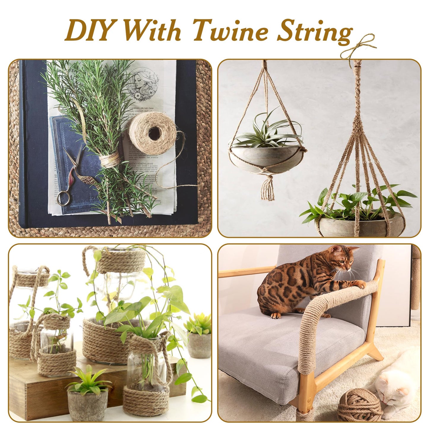 6mm*164 Feet Natural Jute Twine String DIY Home Decor,6mm Thick 12-Strand Jute Twine for Crafting Gift Wrapping Packing Gardening Crochet Knitting Macrame Decor,Brown Rope for Refurbish Cat Tree