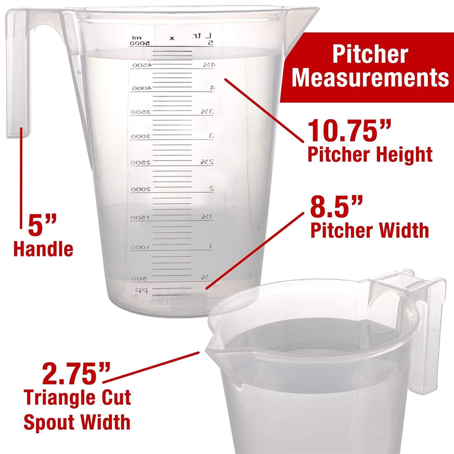 TCP Global 5 Liter (5000ml) Gallon Plastic Graduated Measuring and Mixing Pitcher (Pack of 3) - Holds 5 Quarts 1.25 Gallons- Pouring Cup, Measure & Mix Paint, Resin, Epoxy, Kitchen Cooking Baking