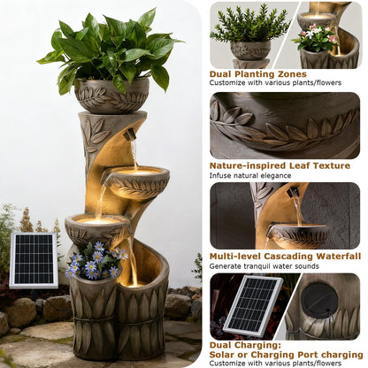 4 Tiered Solar Water Fountain Outdoor Garden, 35.6" Tall Cascading Bowl Leaf Carved Outdoor Waterfall Fountains Modern Water Feature with Dual Planters for Garden, Patio, Deck, Yard, Indoor Decor