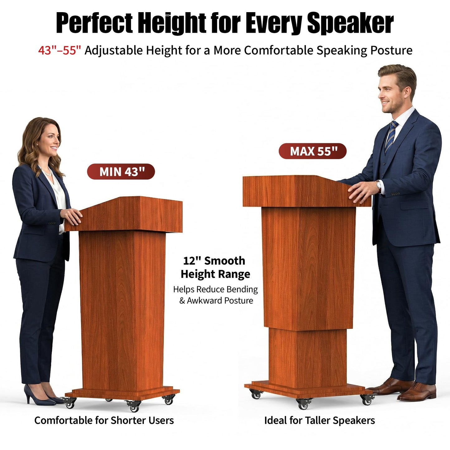 GARVIN Wooden Podium Stand with Wheels, 43"-55" Adjustable Height Podium Stand with Hand Crank, Wooden Pulpit for Churches with Storage Shelves&Cable Management Hole for Schools, Auditorium