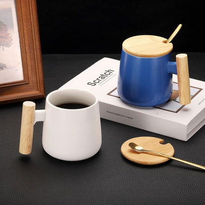 HARFINGTON Ceramic Coffee Mug 12.85 Oz Simple Wooden Handle Large Tea Cup Handmade Ceramic Mugs Gift Set with Lid and Spoon for Office Kitchen Home and Gifts for Women and Men, Blue