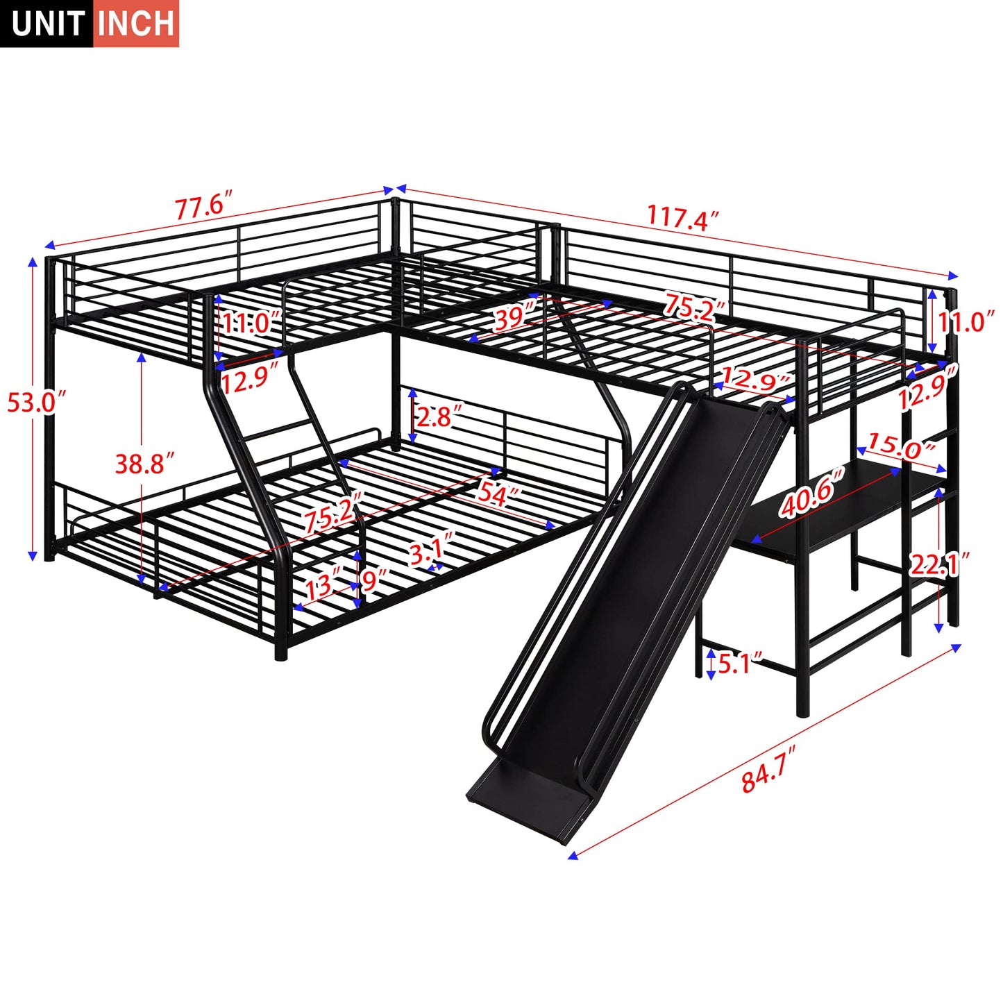 Acosure L-Shaped Twin Over Full Bunk Bed with Twin Size Loft Bed Frame Have Desk/Slide/Integrated Ladder/Full-Length Guardrails/Metal Slats Support/Easy to Assemble,for Adult Boy Girl,Black