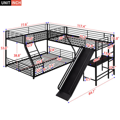 Acosure L-Shaped Twin Over Full Bunk Bed with Twin Size Loft Bed Frame Have Desk/Slide/Integrated Ladder/Full-Length Guardrails/Metal Slats Support/Easy to Assemble,for Adult Boy Girl,Black