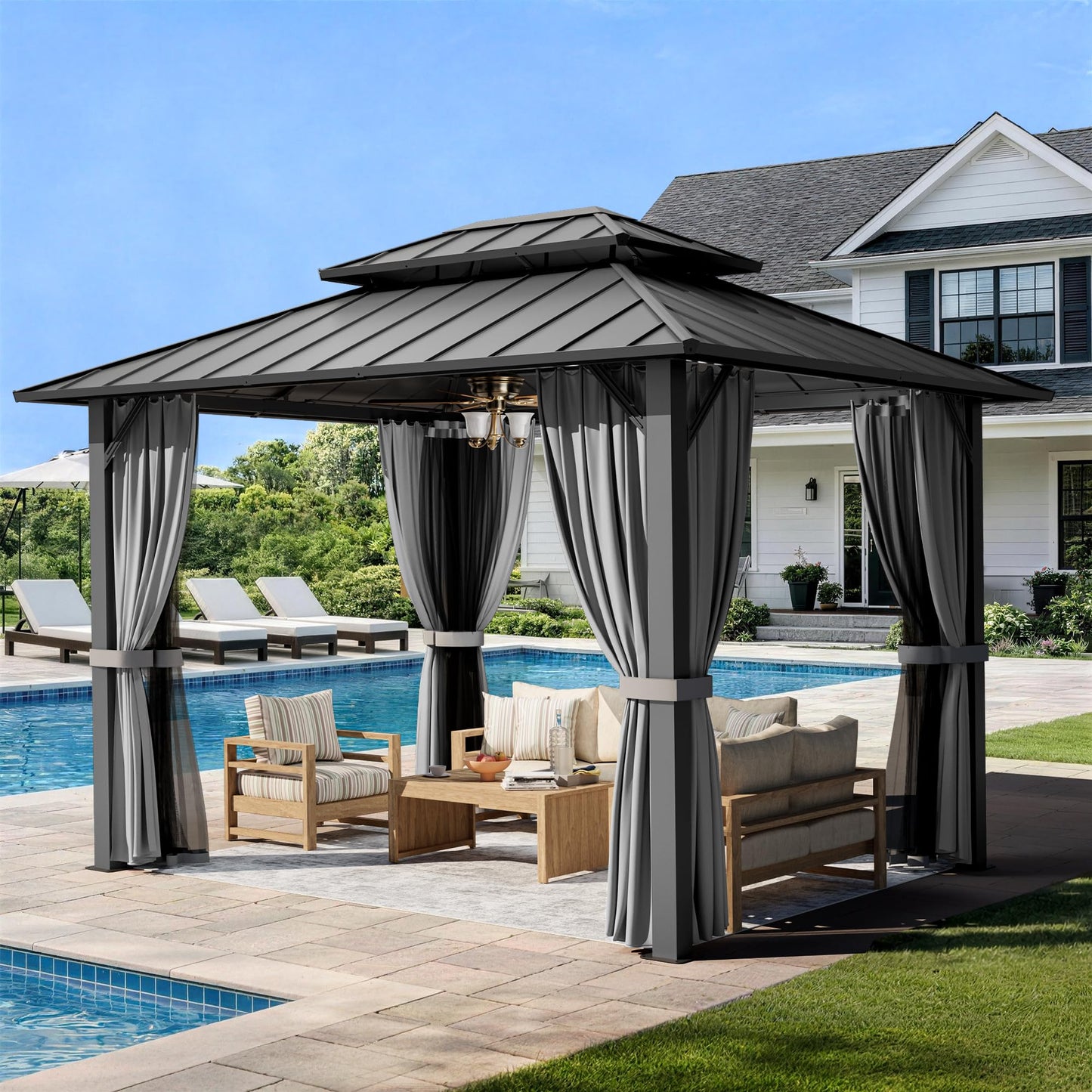 PAMAPIC 10x12FT Hardtop Gazebo,Galvanized Steel Double Roof with Aluminum Frame,Outdoor Permanent Pavilion with Breathable Netting & Privacy Curtain for Patio,Backyard,Deck,Lawn,Gray