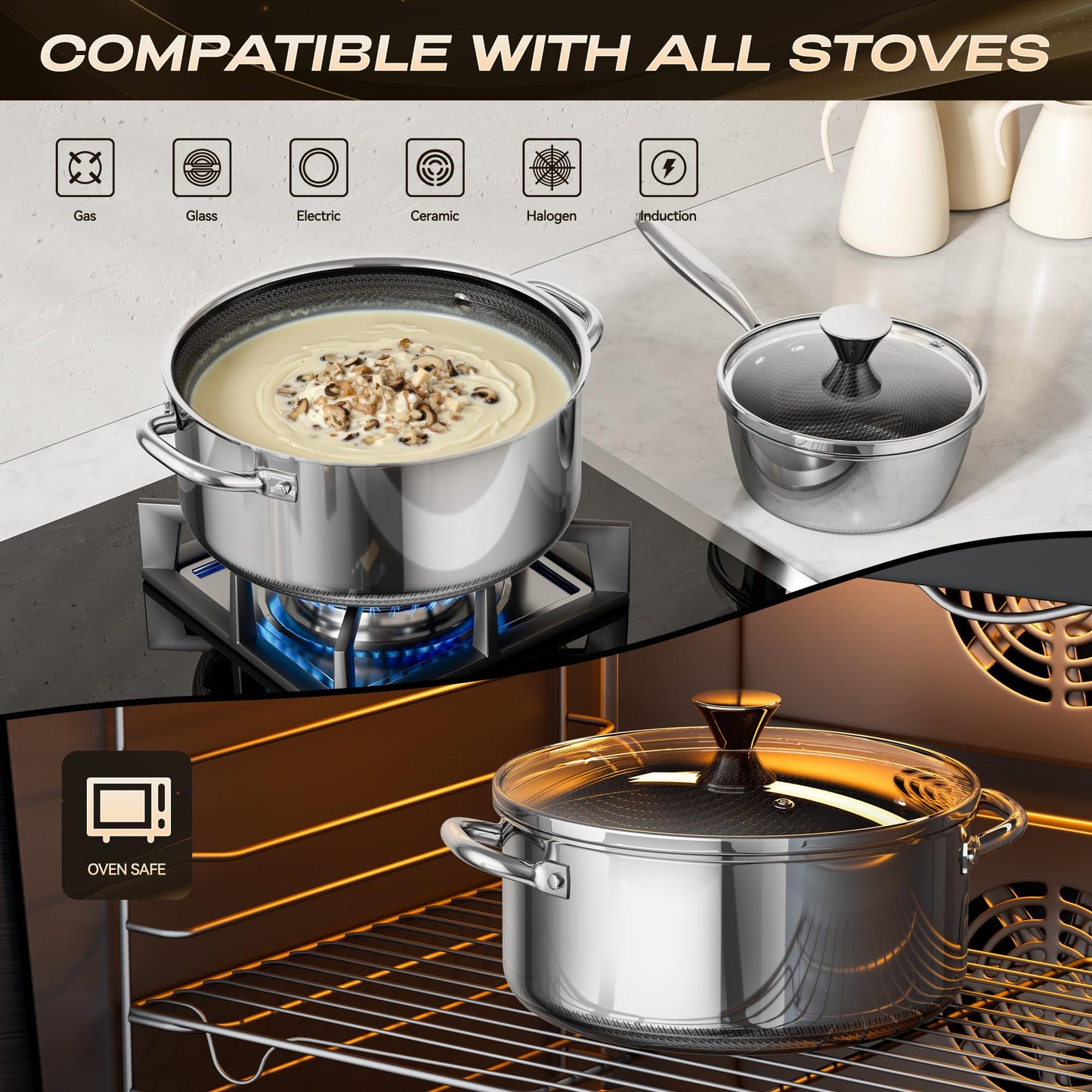 ZEROPAN Hybrid Nonstick 2-Quart Stockpot,8 Inch Stainless Steel Stockpot with Glass Lid,PFAS PFOA PTFE Free, Dishwasher-Friendly, Oven-Safe Up to 600°F,Non-stick Soup Pot Compatible with All Cooktops