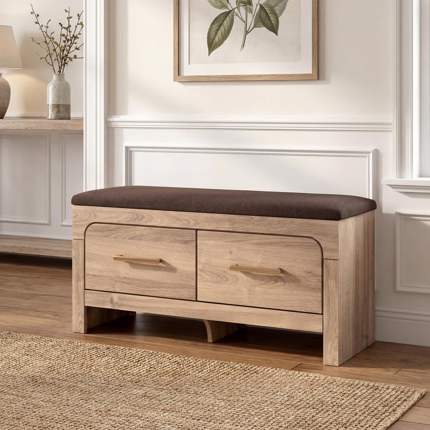 Signature Design By Ashley Hollymount Upholstered Bedroom Storage Bench, Two Drawers, Bronze Hardware, Wood/Fabric, 43.62" W x 15.75" D x 20" H, Tan/Brown