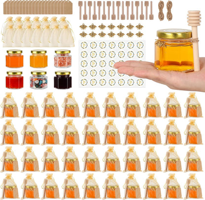 48 Pack 2 oz EkkoVla Hexagon Mini Glass Honey Jars, Small Honey Jars with Golden Lids, Wooden Dipper, Bee Pendants