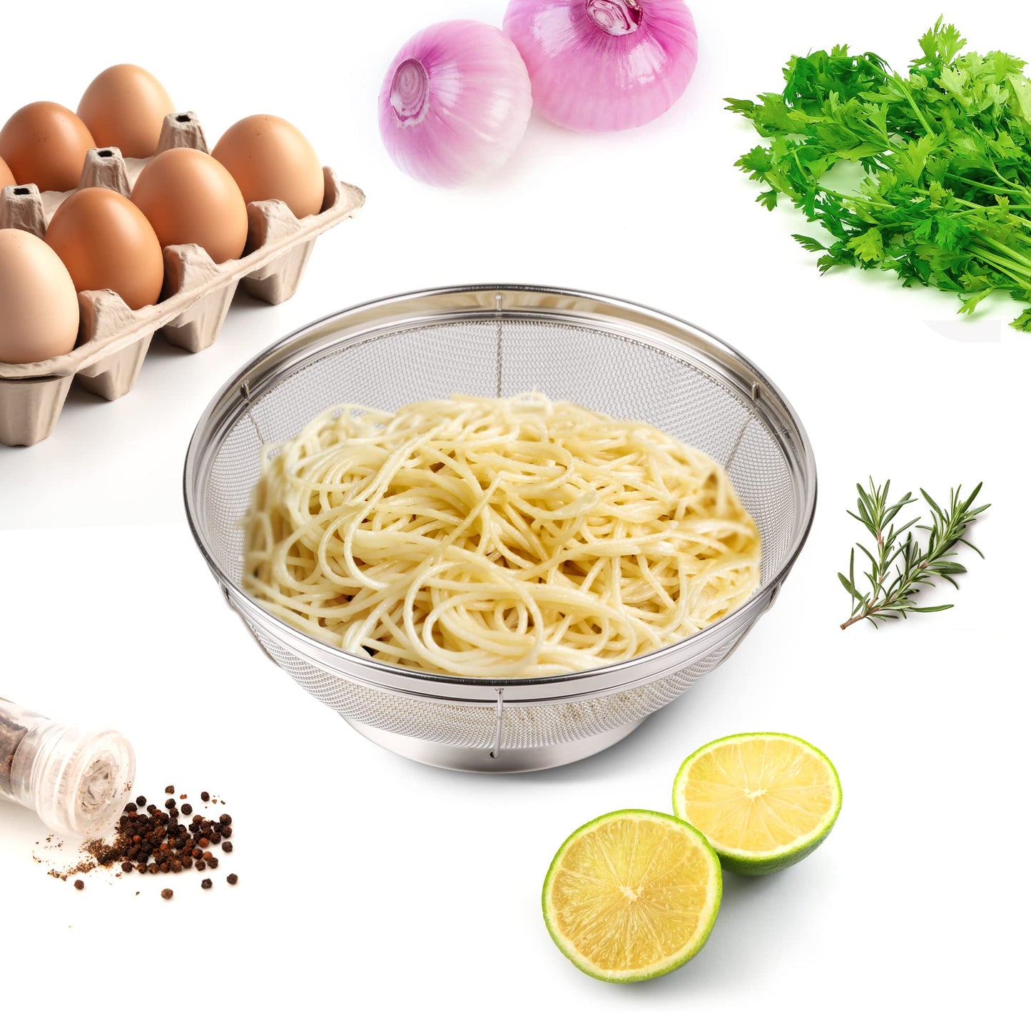 3 Pack Strainers for Kitchen, 18/8 Stainless Steel Colander, Fine Mesh Strainer for Pasta, Rice and Fruit, Sieve for Strain, Drain, Rinse or Steam (5-Quart, 4-Quart and 3-Quart)