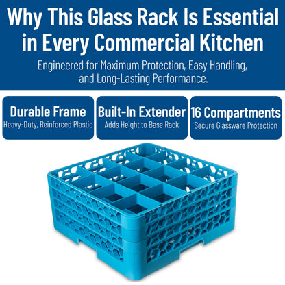 Carlisle FoodService Products Opticlean Glass Rack 16 Compartments with 3 Extenders for Kitchens and Restaurants, Plastic, 19.875 x 19.875 x 8.5 Inches, Carlisle Blue, (Pack of 2)