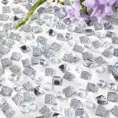 CHICSHIS 1000g Real Mirror Glass Mosaic Tiles for DIY, Silver Textured Square Tiles (15mm) with Iridescent Glass Gems, Mixed Shapes Stained Glass Set for Mosaic Art & Home Décor Projects