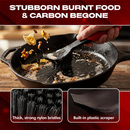 Cast Iron Scrub Brush with Heavy Duty Scraper - Nylon Bristles Dish Scrubber for Pans, Skillets and Woks – Kitchen Cleaner Removes Grime, Grease, Food Build Up - 90058 by Chef Master