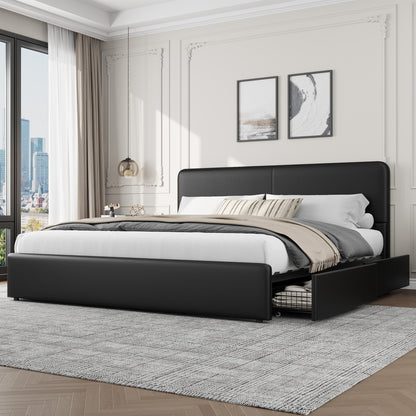 GarveeHome Modern Upholstered Platform Bed Frame with Headboard and Storage Drawers – PU Black Faux Leather, Sturdy Wooden Slat Support, Noise-Free, No Box Spring Needed, Easy Assembly – King Size, PU