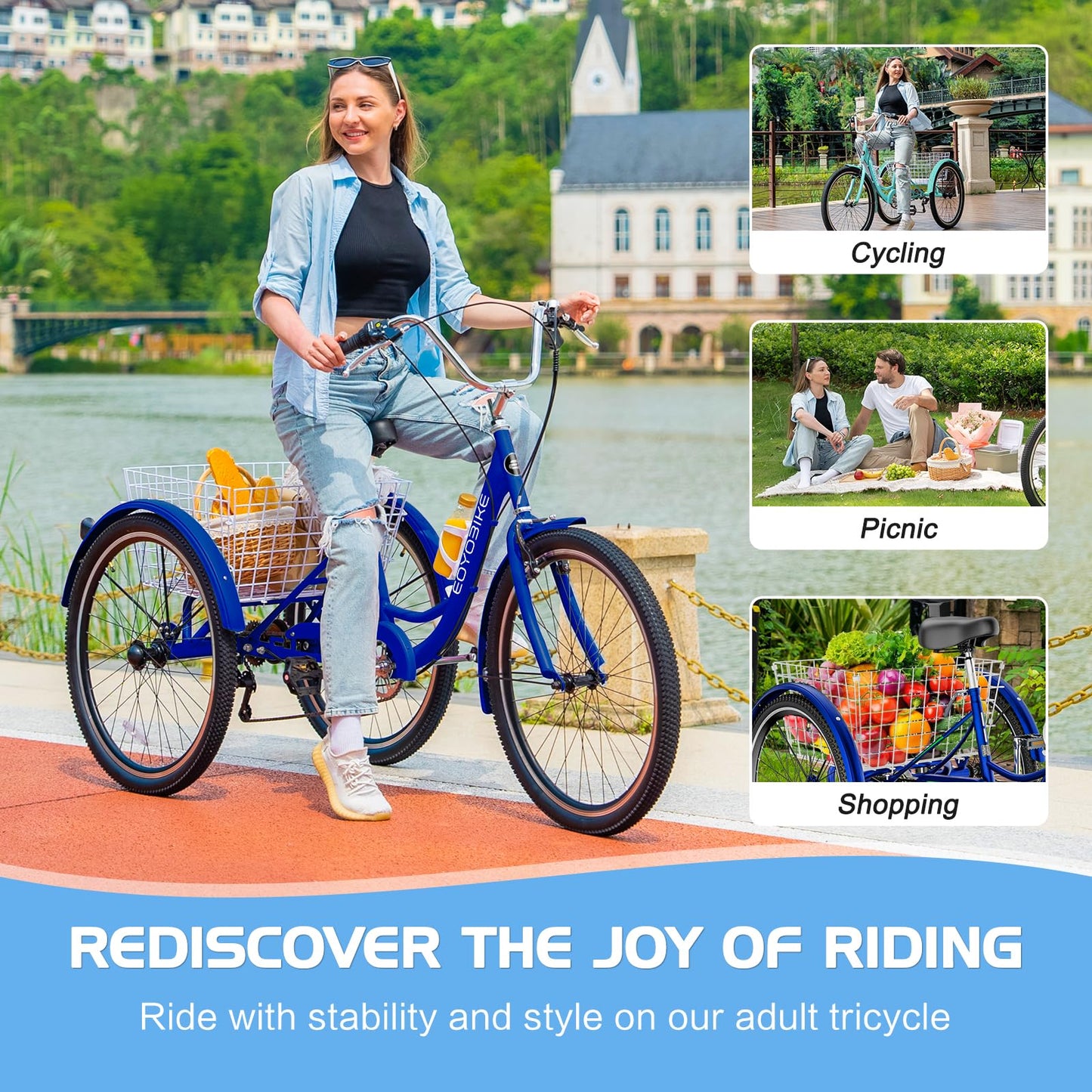 EOYOBIKE Adult Tricycle 3-Wheel Cruiser Bike, Low Step-Through, Heavy-Duty Comfort Trike with Adjustable Handlebar & Spring Saddle, Large Rear Basket, for Seniors & Adults (Harbor Blue, 26" Tire)