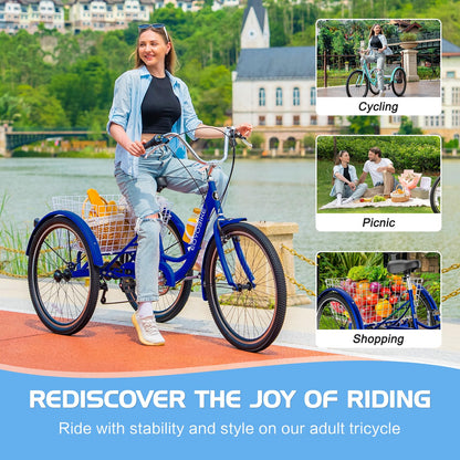 EOYOBIKE Adult Tricycle 3-Wheel Cruiser Bike, Low Step-Through, Heavy-Duty Comfort Trike with Adjustable Handlebar & Spring Saddle, Large Rear Basket, for Seniors & Adults (Harbor Blue, 20" Tire)