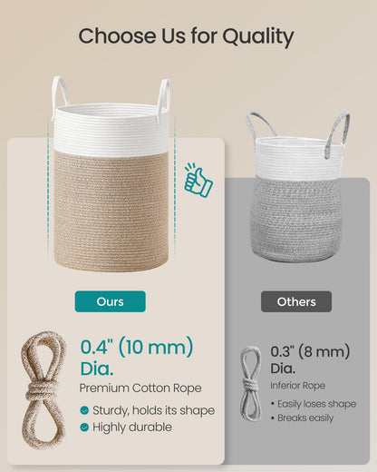 SONGMICS Laundry Hamper, Cotton Rope Laundry Basket with Handles, for Children, Toys, Clothing, Living Room, Bedroom, 15.8 Gallons, 13.8 x 13.8 x 19.7 Inches, White and Grayish Brown URLH061LZ01