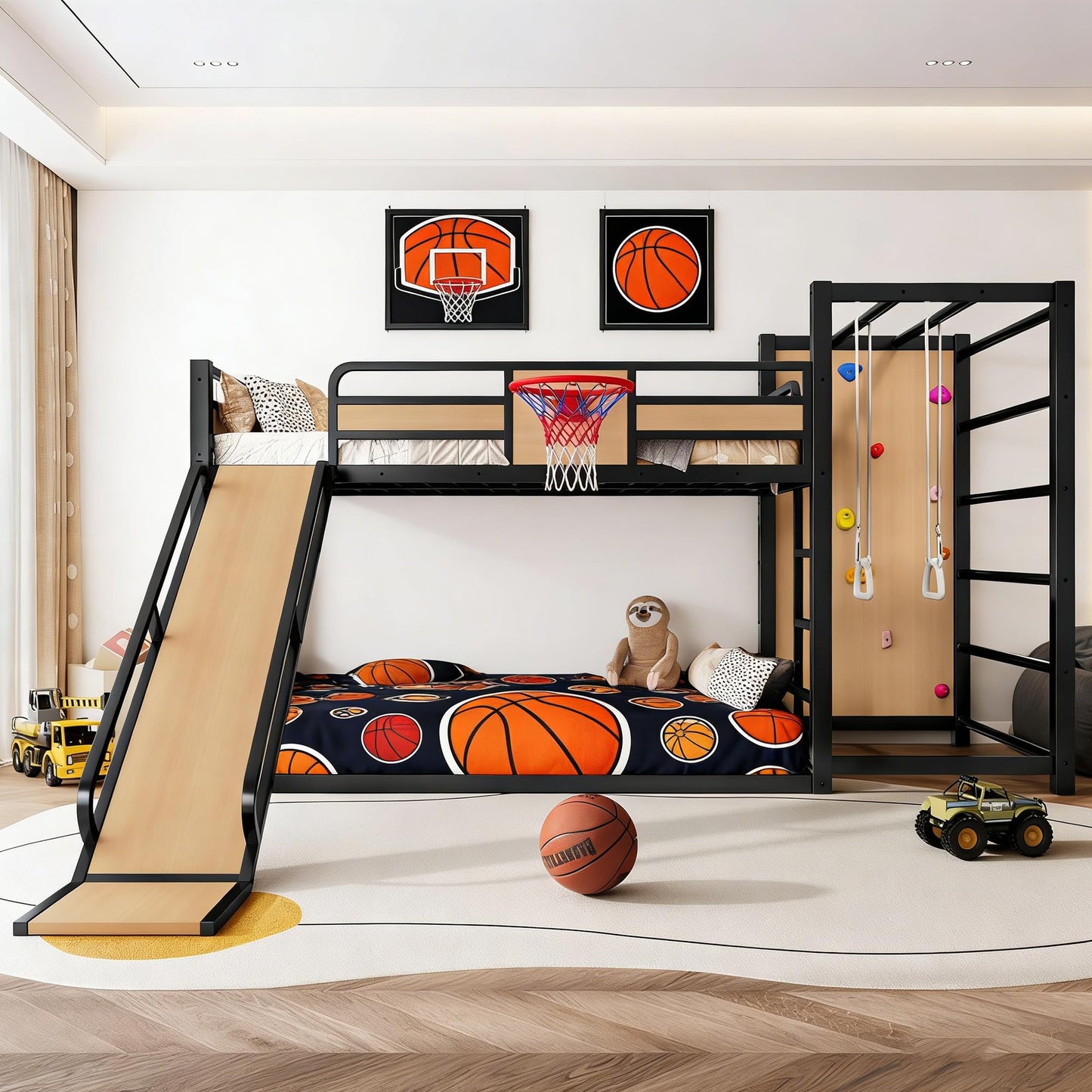 Bellemave Metal Twin Over Twin Bunk Bed Frame with Slide,Twin Size Floor Bunk Bed and Basketball Hoop,Pull-up Rings and Climbing Wall,Heavy Duty Bunk Beds with Bookshelves for Kids Girls Boys,Natural
